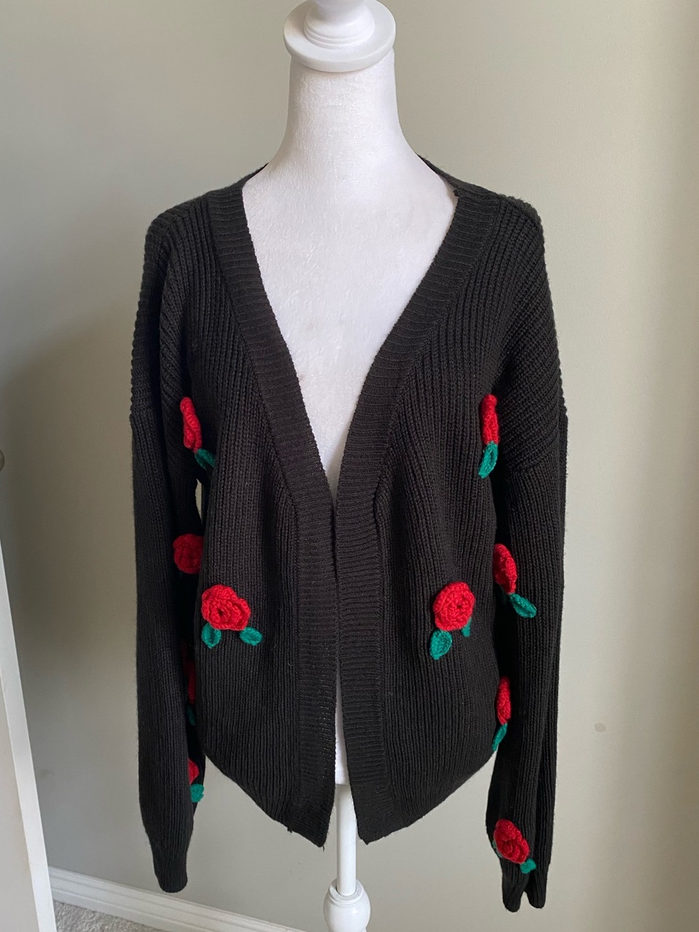 Black Knit Cardigan with Red Roses Knit XL